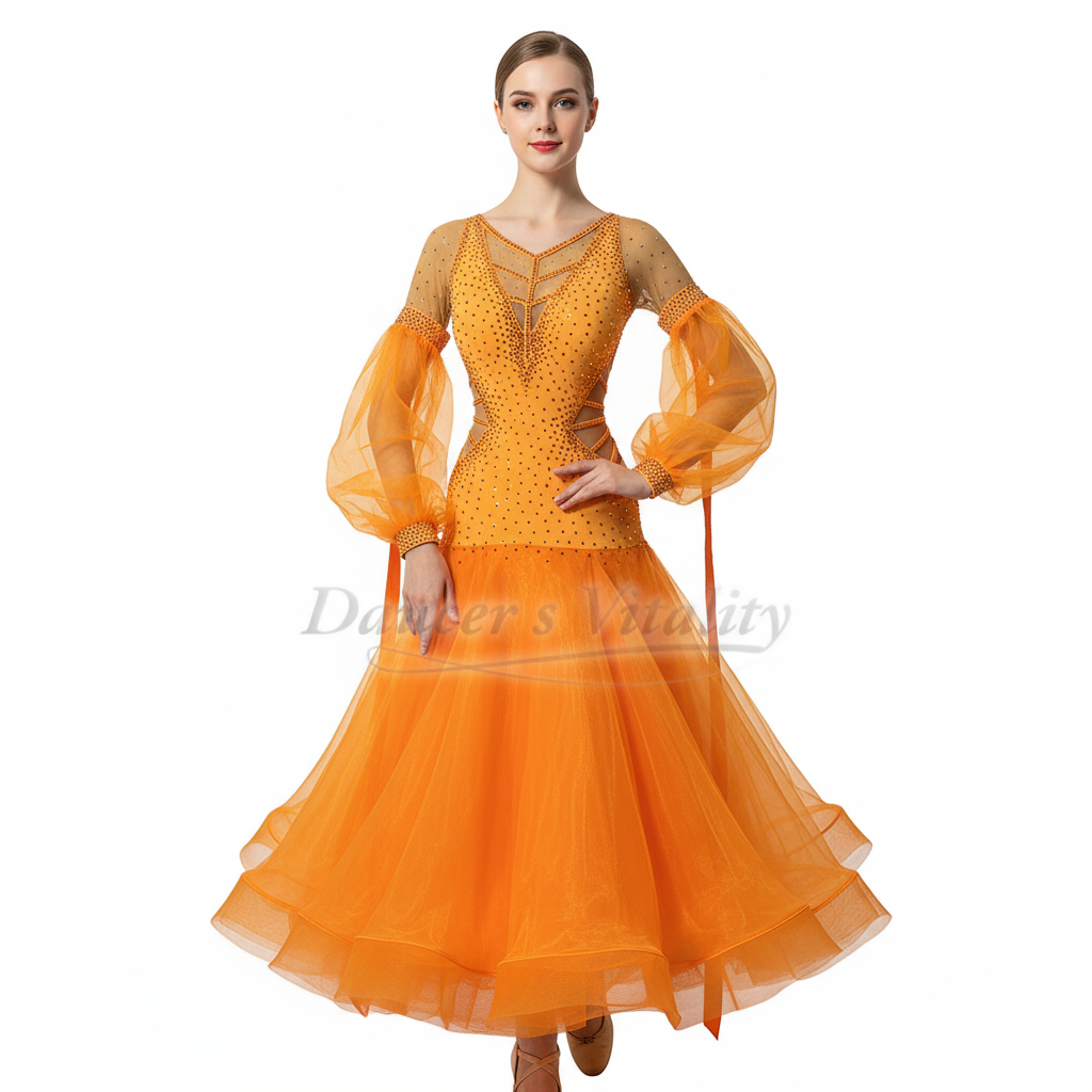 Women's Ballroom Standard Dance Dress Long-Sleeve Full Skirt Organza Orange For Competition Performance