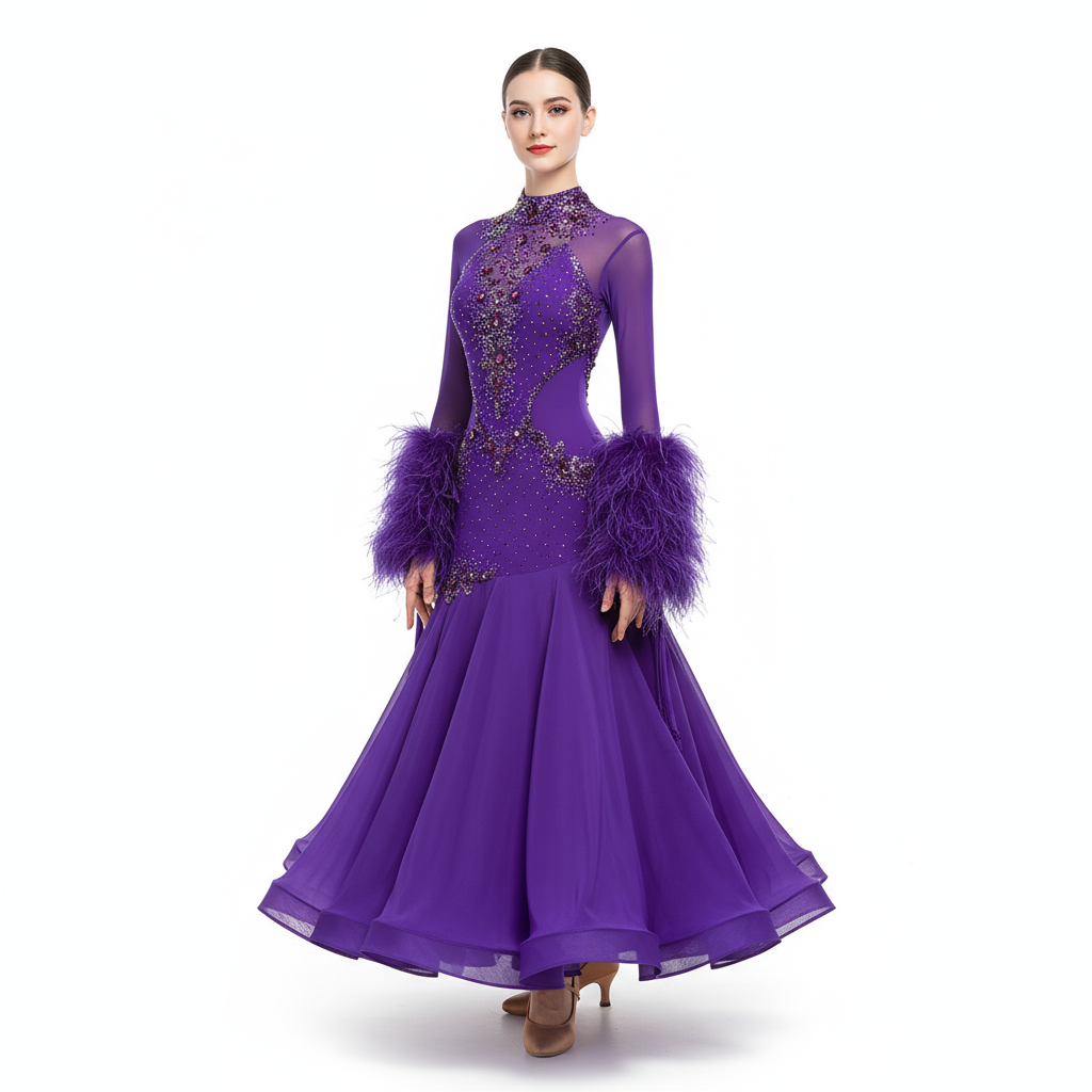 Adult Women's Ballroom Dance Dress With Turtleneck Full Skirt Purple For Waltz Foxtrot Tango Quickstep