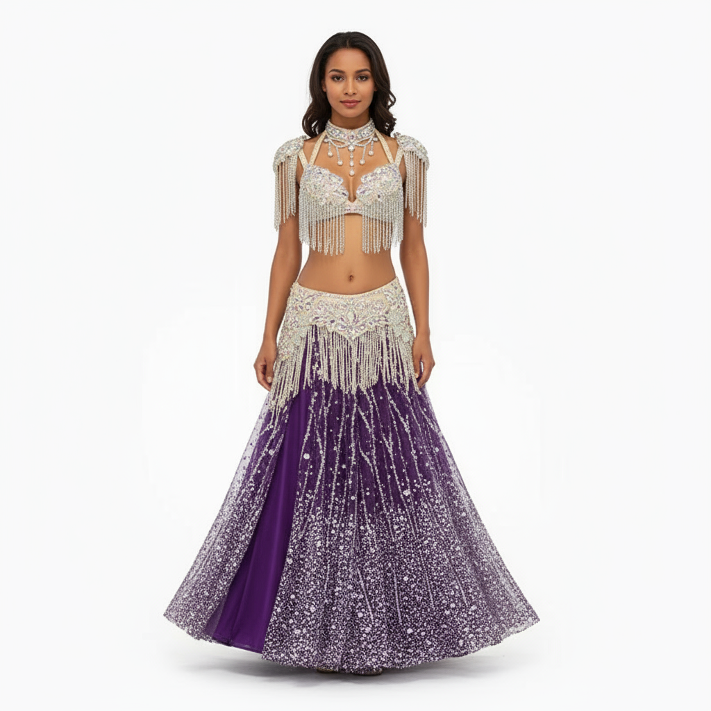 Women's Belly Dance Bra and Long Skirt Set With Sequin Tassels and AB Rhinestones For Competition