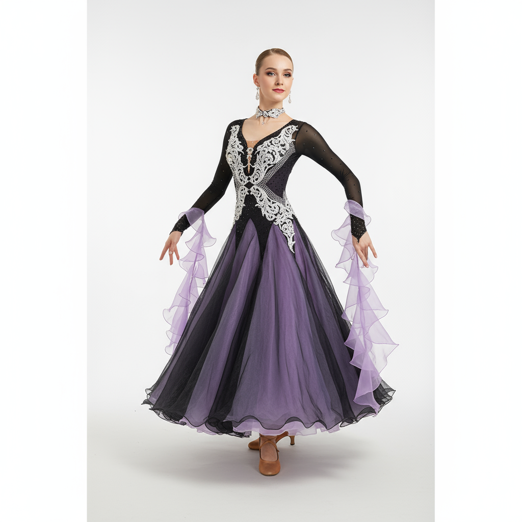 Women's Standard Ballroom Dance Dress With AB Rhinestones Black-Purple For Competition Waltz Foxtrot Tango