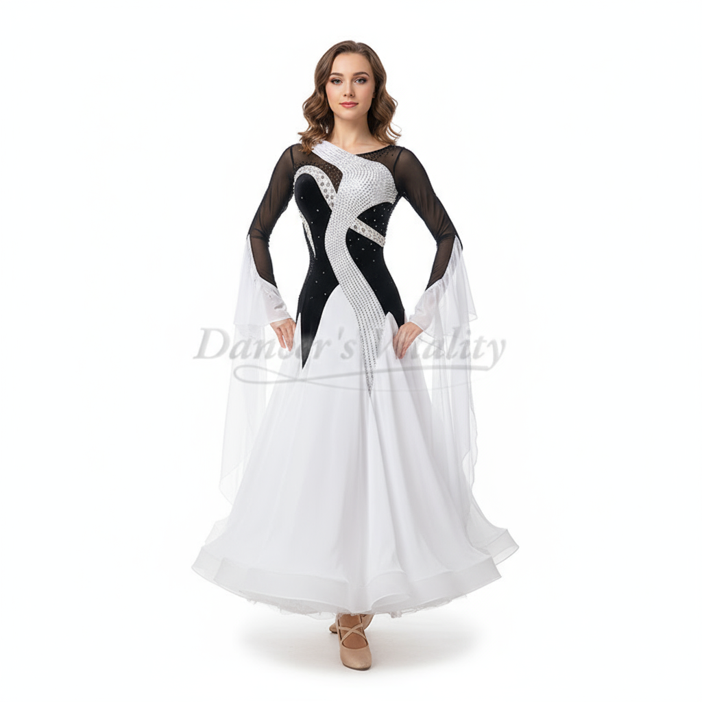 Adult Black White Standard Ballroom Dance Big Swing Dresses Customized Women Waltz Foxtrot Tango Quickstep Costume