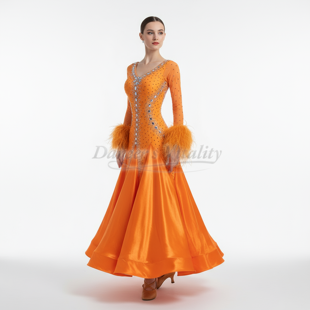 Adult Women's Standard Ballroom Dance Dress With Long Sleeves And Rhinestones In Orange For Competition