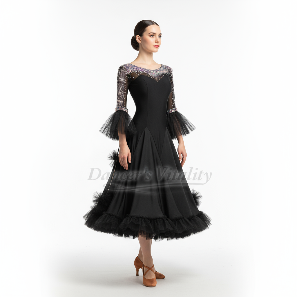 Standard Ballroom Dance Middle-length Sleeves AB Stones Black Big Swing Dresses Customize Adult Waltz Foxtrot Tango Clothing