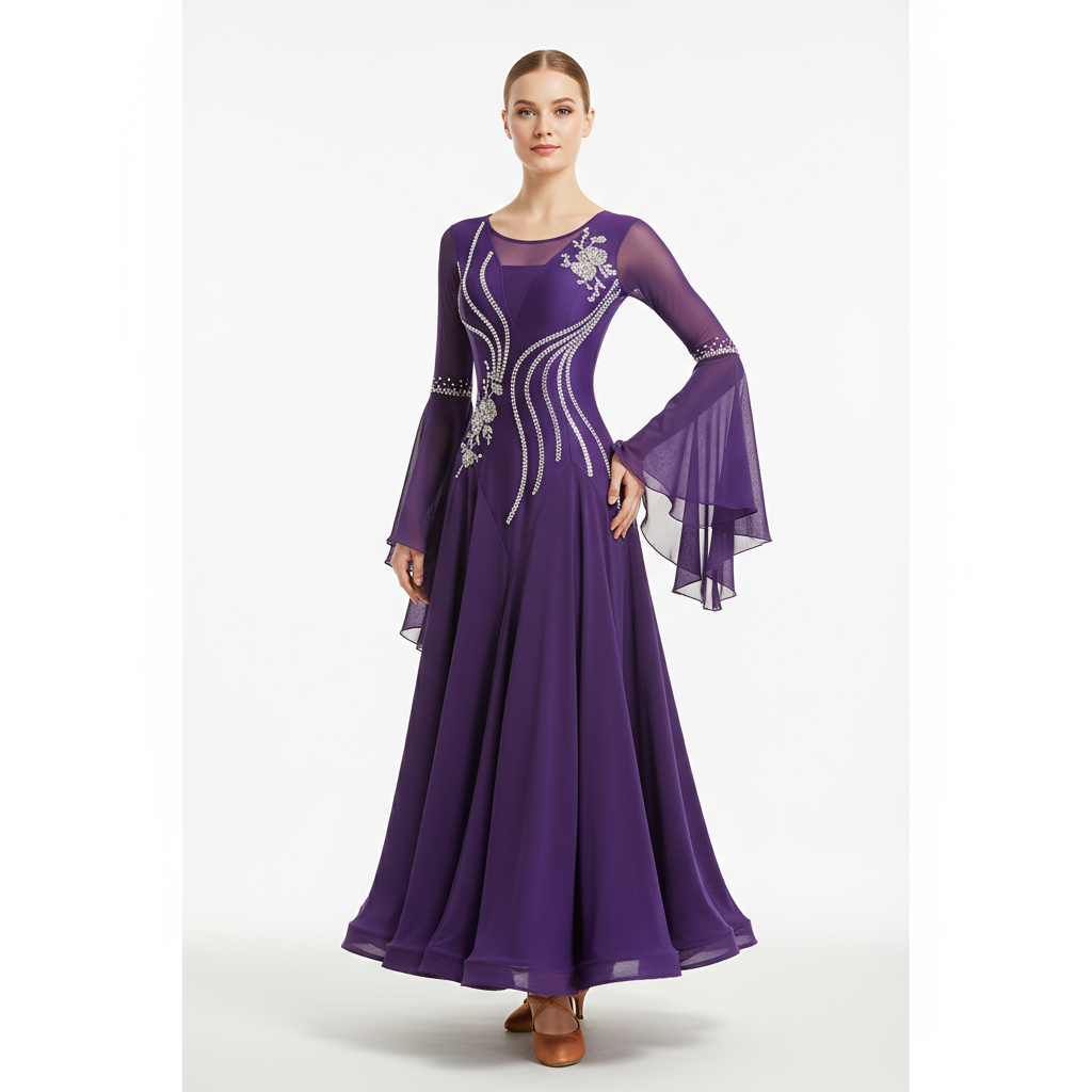 Women's Ballroom Dance Dress With Rhinestone Embellishment Long Sleeves And Fishtail Hem For Performance