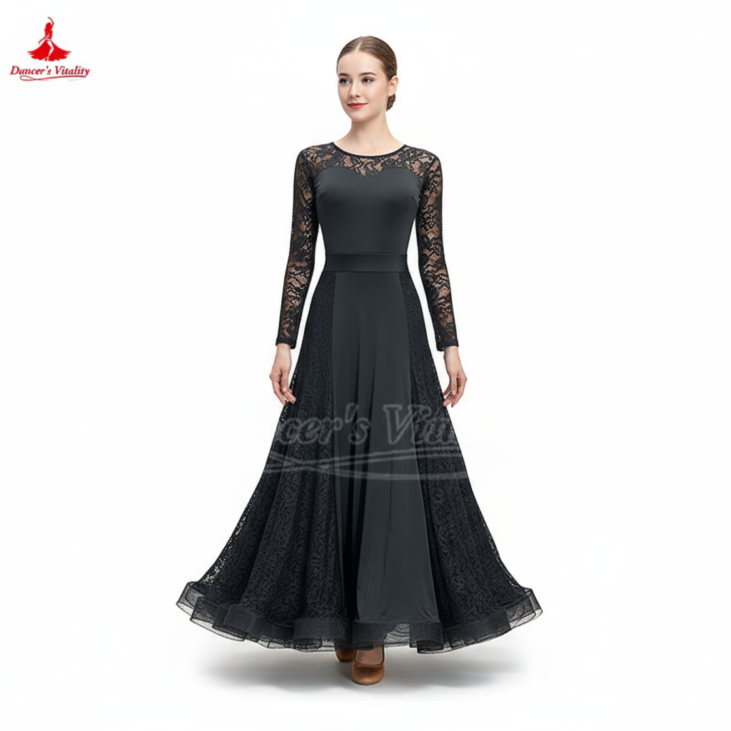 Women's Ballroom Practice Dress Long Sleeve Full Skirt With Built-In Bra Pads For Waltz, Foxtrot, Tango