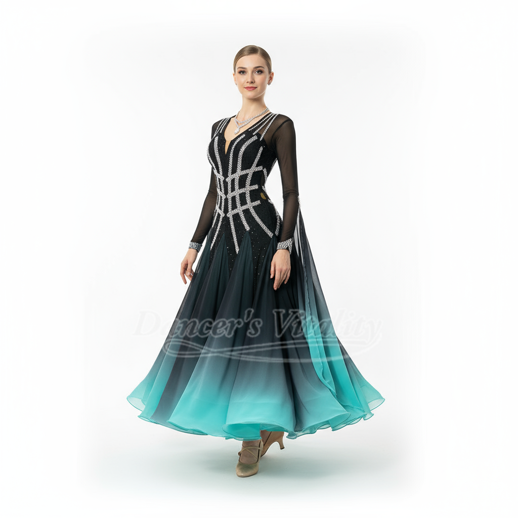 Women's Ballroom Dress Long Sleeve Gradient Chiffon Full Skirt For Waltz Foxtrot Quickstep Competition