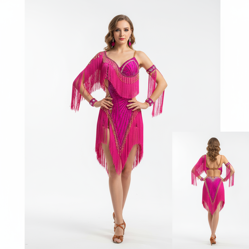 Latin Ballroom Dance Dress With AB Rhinestone Fringe For Women And Girls Tango Cha-Cha Samba Performance