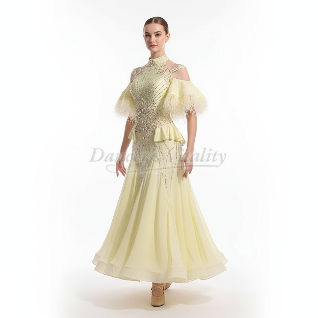 Women's Standard Ballroom Dance Dress With Full Swing Skirt Light Yellow For Competition
