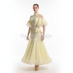 Women's Standard Ballroom Dance Dress With Full Swing Skirt Light Yellow For Competition