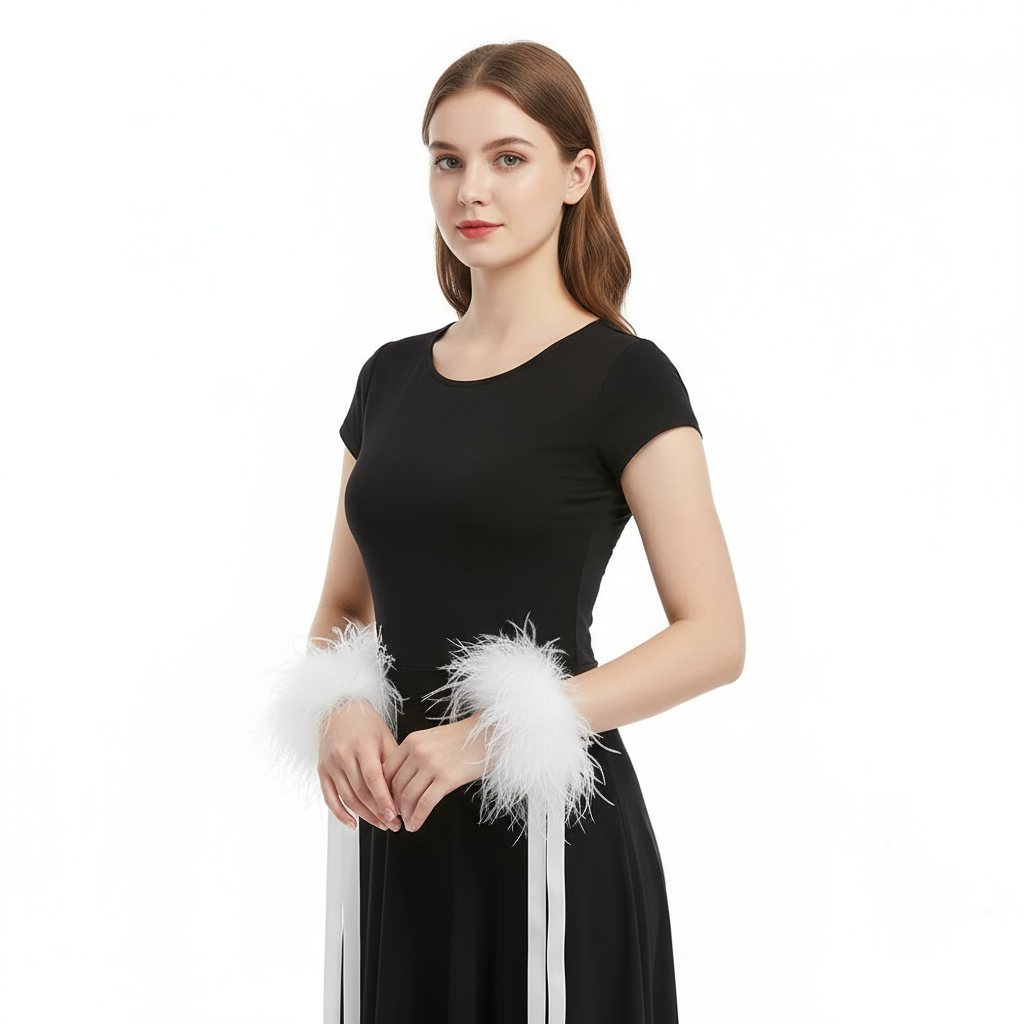 Pair Of Wrist Streamers With Ostrich Feathers For Ballroom Waltz, Foxtrot, Tango Performance