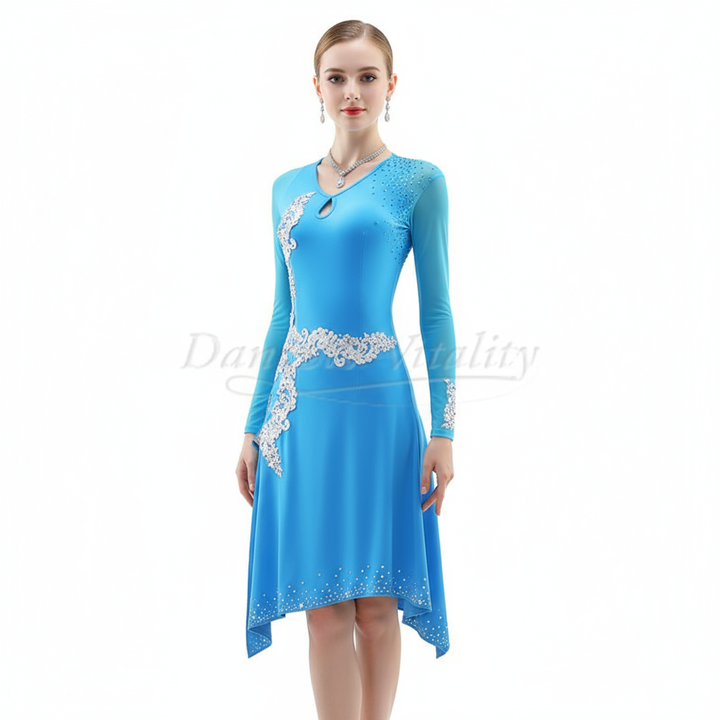 Latin Ballroom Dance Dress With Long Sleeves For Adults And Kids Competition And Graded Exam