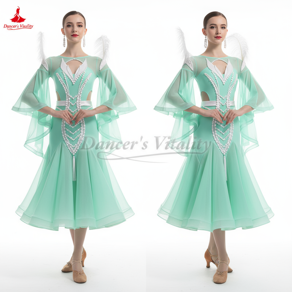 Ballroom Competition Dress With Flared Sleeves and Full Swing Skirt for Teens & Women Foxtrot Tango Quickstep