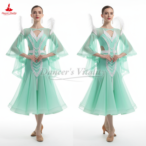 Ballroom Competition Dress With Flared Sleeves and Full Swing Skirt for Teens & Women Foxtrot Tango Quickstep