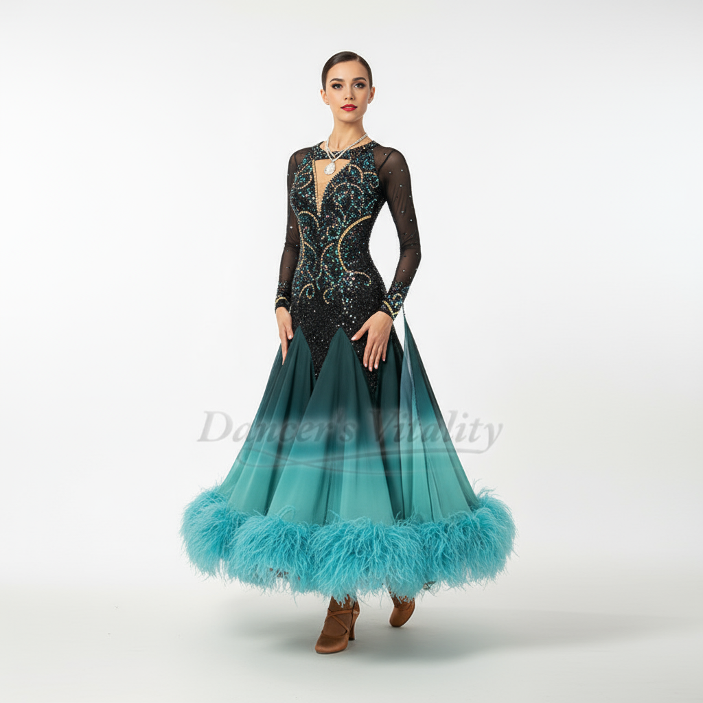 Women's Ballroom Dance Dress Ombre Chiffon Ostrich Feathers Swing Skirt Adult Waltz Foxtrot Tango Competition