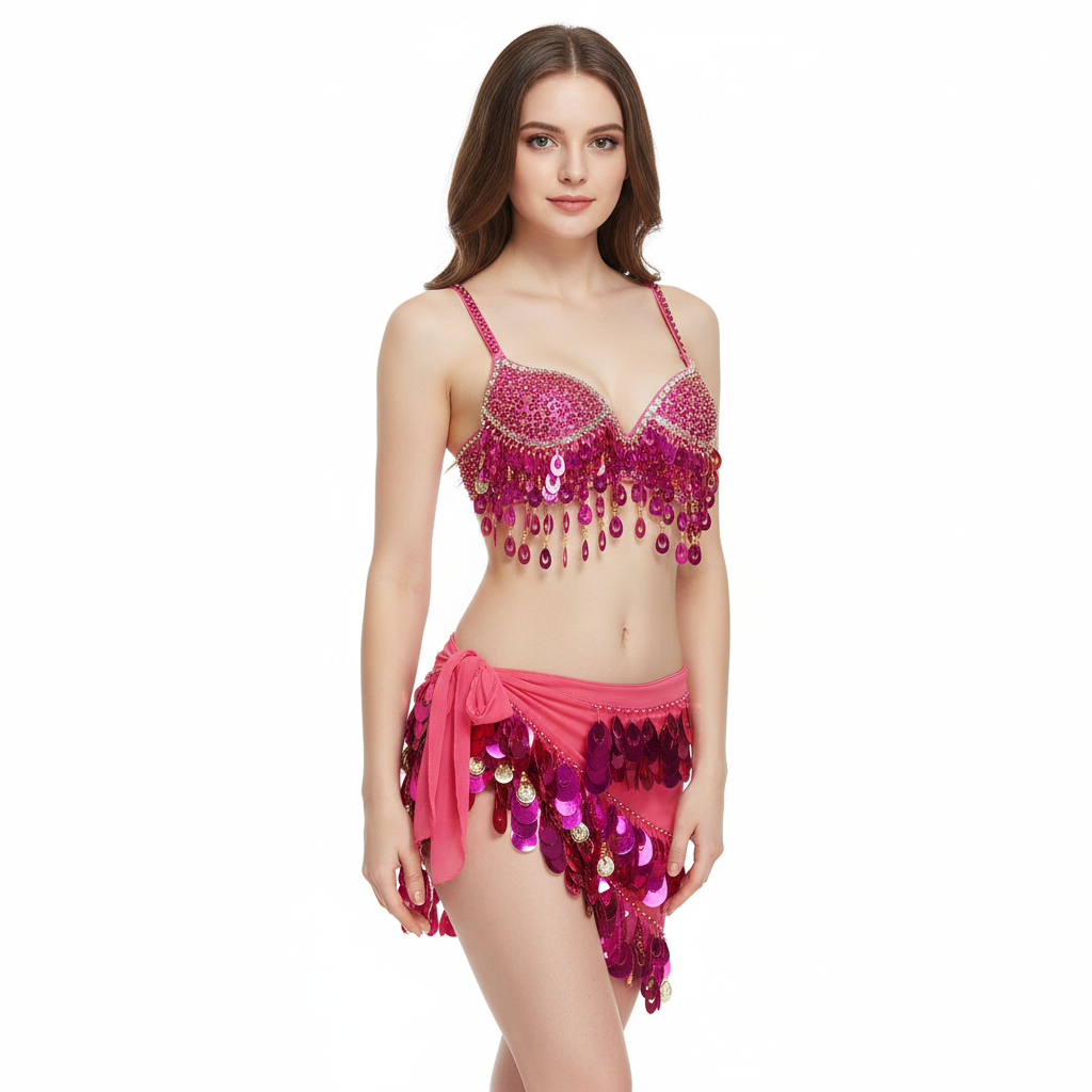 Cute Women Belly Dance Clothes Sequins Belly Dance Costume Set Bra Hip Scarf Wrap Panty Carnival Rave Performance Stage Costume N21013