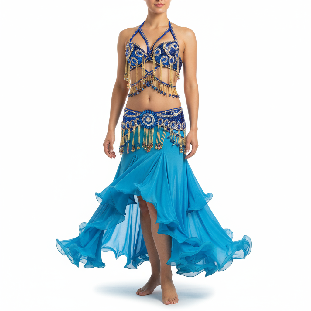 High Quality Sexy Performance Hand Beaded Sequined Belly Dance Samba Costume for Women Lady  navy blue color bra+belt+skirt+neck TF1411