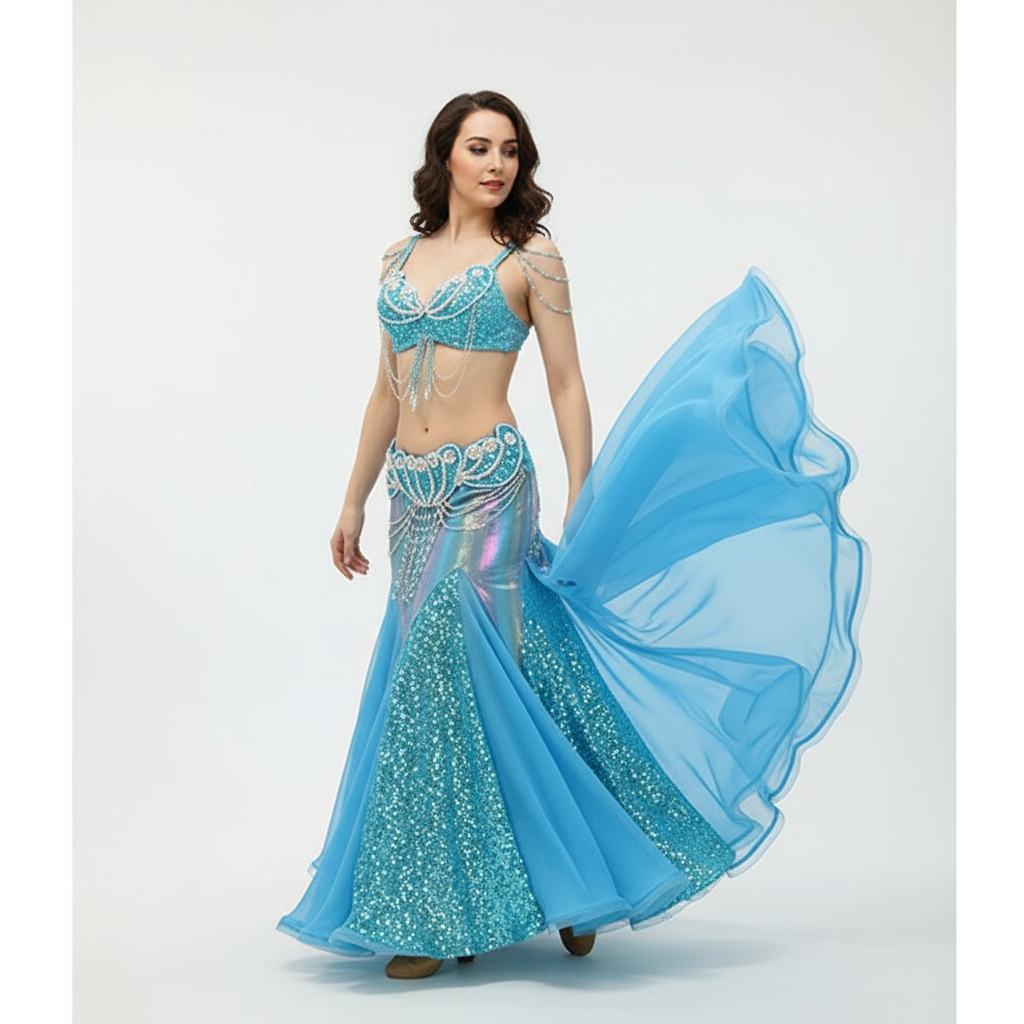 High Quality Handmade Beaded Embroidery Belly Dance Costume Women Stage Performance 3-Piece Dance Set Belly Dancing Wear Outfits TF2152+SK1909