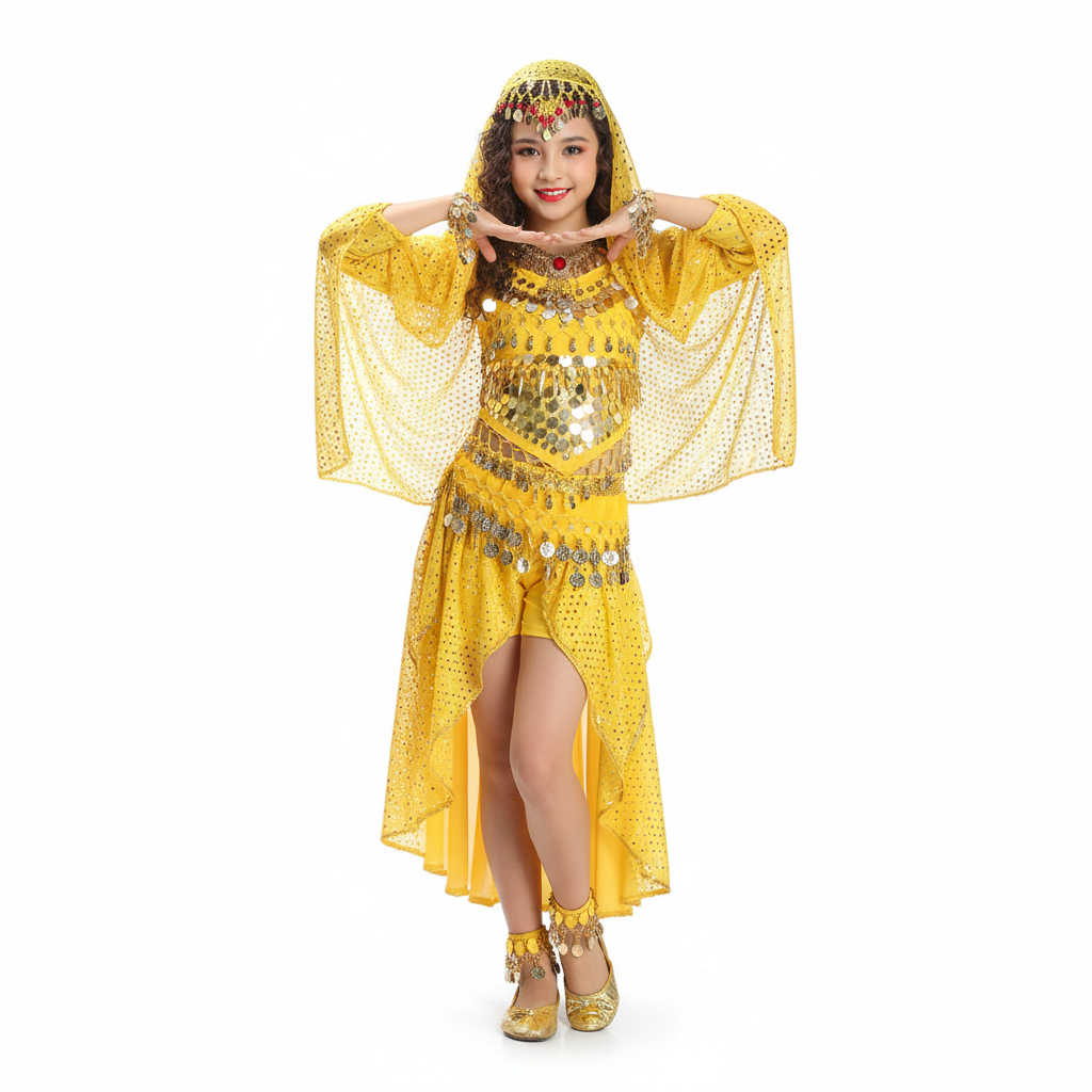 NEW kids belly dance 4pcs(top+skirt+waist chain+veil) indian clothes yellow+h.pink+red girls belly dance costume 3302