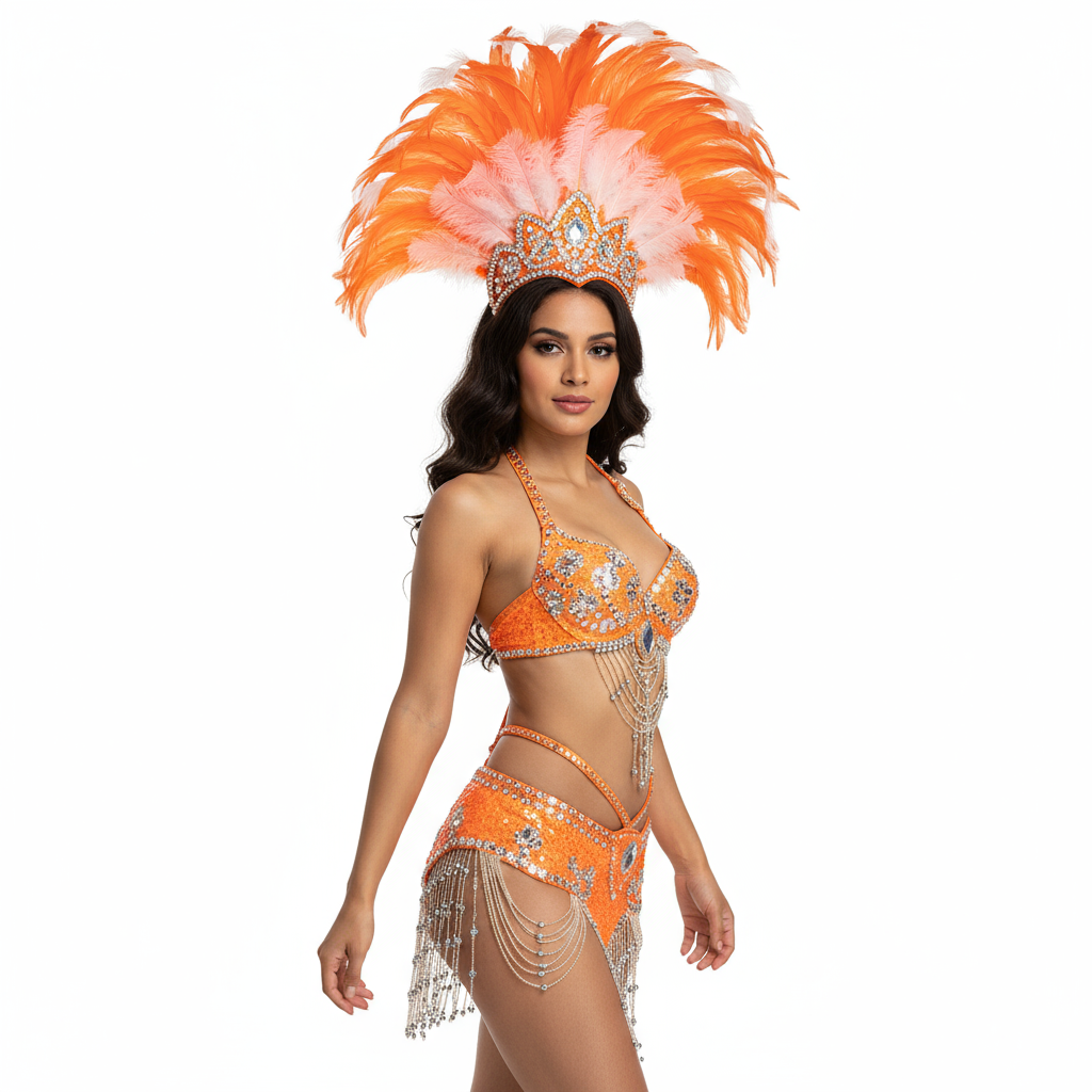 hot selling Sexy Samba Rio Carnival Costume  new belly dance costume with orange Feather Head piece