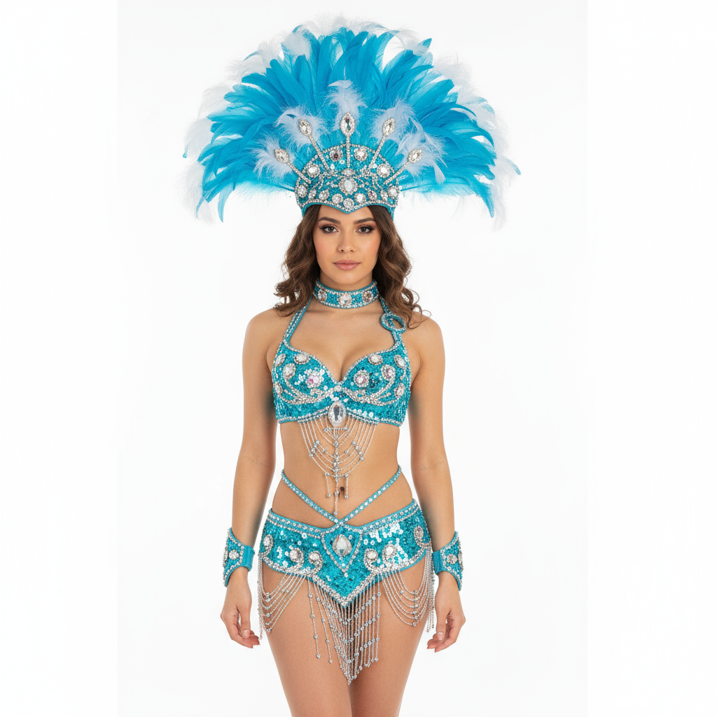 hot selling Sexy Samba Rio Carnival Costume women's belly dance costume with Turquoise Feather Head piece C209 (Turquoise)