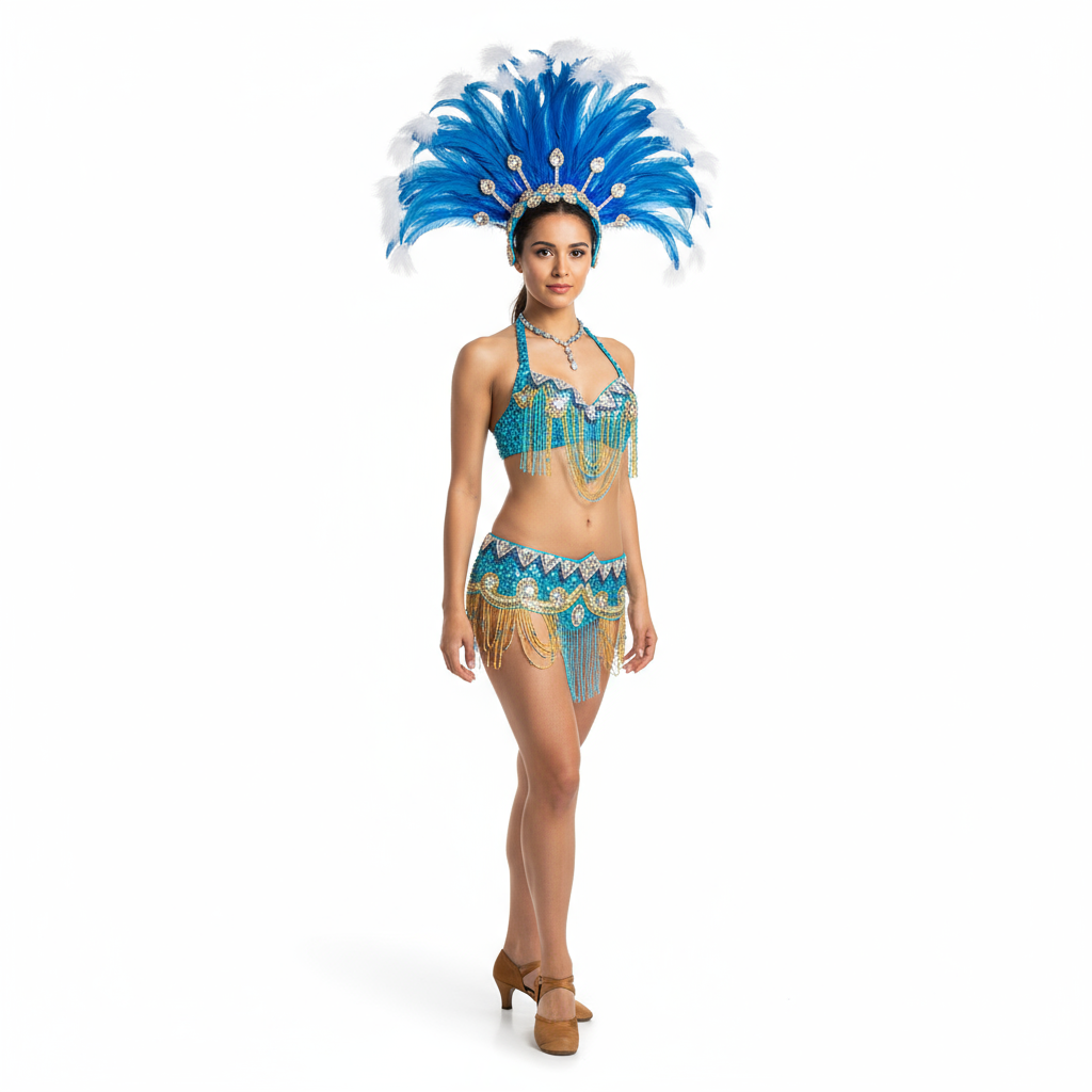 hot selling Sexy Samba Rio Carnival Costume new belly dance costume with Turquoise Feather Head piece C201152
