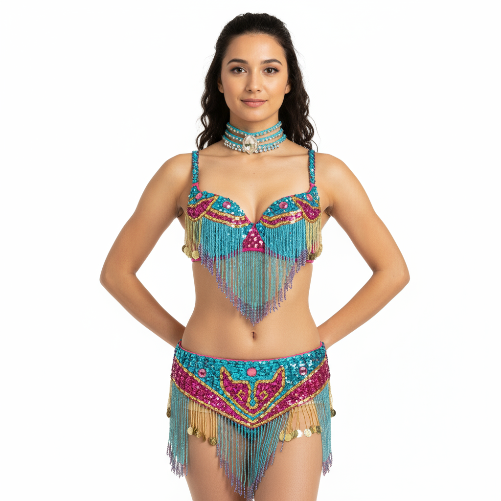 Hot selling belly dance New-Style Sexy handmade beaded 2 piece costumes 5 COLOR TF1401