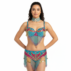 Hot selling belly dance New-Style Sexy handmade beaded 2 piece costumes 5 COLOR TF1401