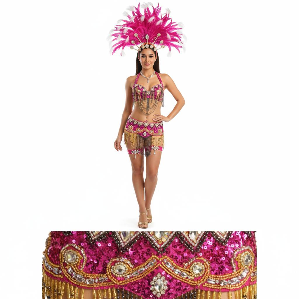 hot selling Sexy Samba Rio Carnival Costume new belly dance costume with hot pink Feather Head piece C1509