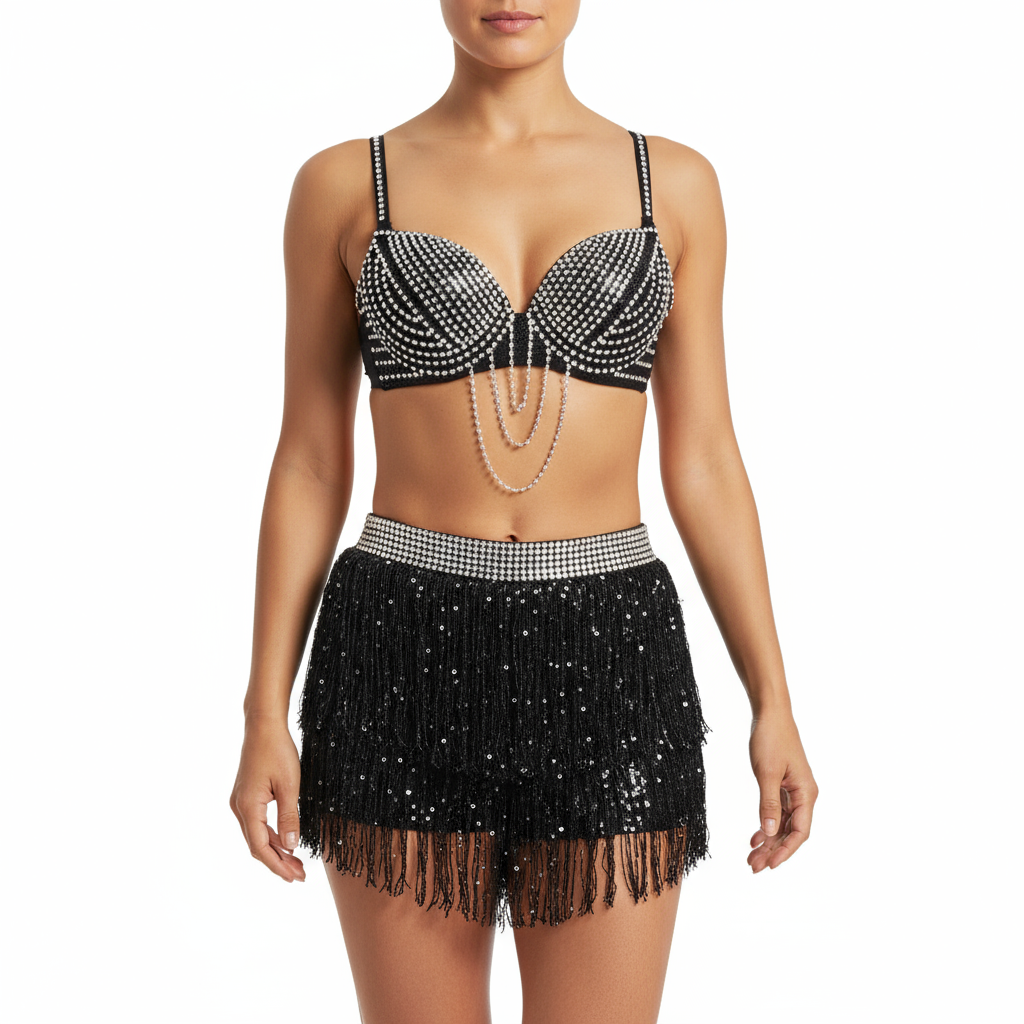 New Style Samba Carnival Handmade Belly Dance Diamond Costumes Bra,Panty And Mini Skirt 3 Piece Black Color