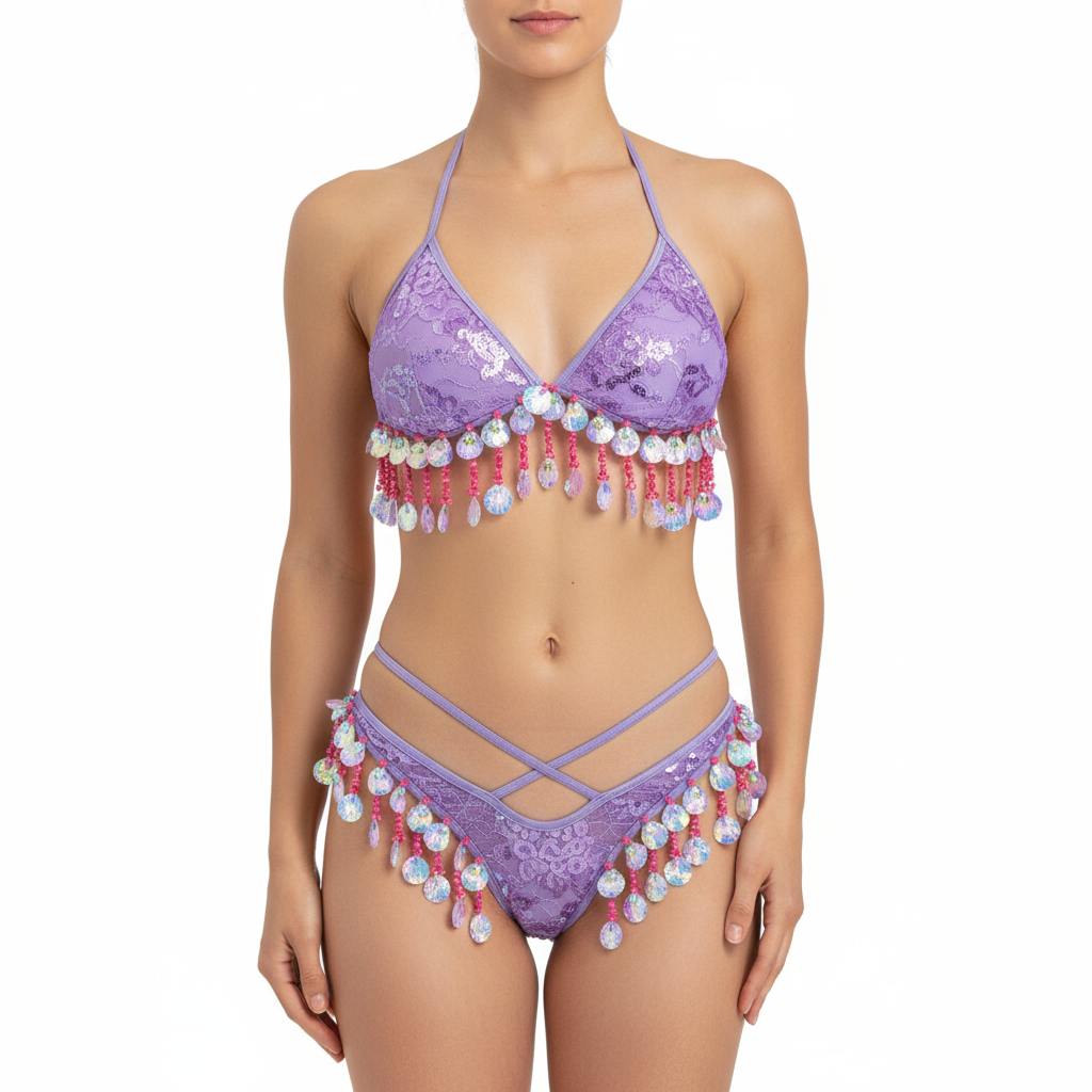 New Style Samba Carnival Purple Color Sequins Fabric Top And Panty With Beads And Tassels For EDC