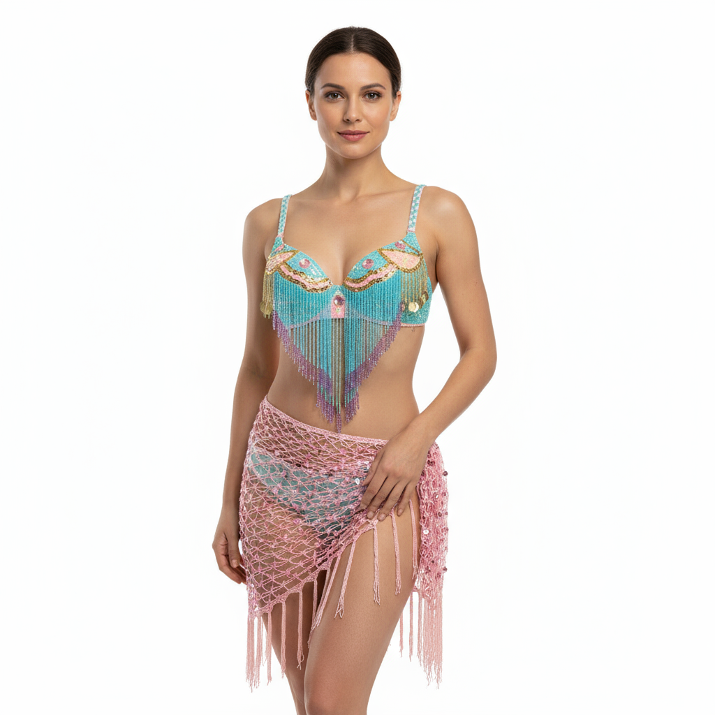 New Women Belly Dancing Suite Beaded Sequined Bra + Long Tassel Hip Scarf + Panty 3PCS Set Samba Costumes Club Night Dance Wear