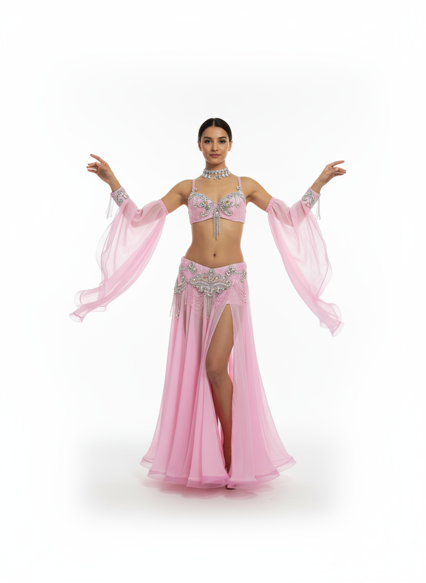 New Style Samba Carnival Handmade Belly Dance Costumes Pink Color Performance Costumes Bra Belt Skirt With Arm Sleeves 5 Piece/Set