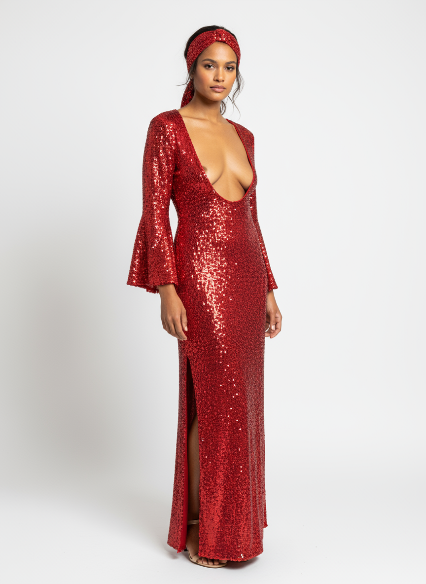 New Style Sexy Sequins Fabric Red skirt Stage Performance Dress With Head Scarf