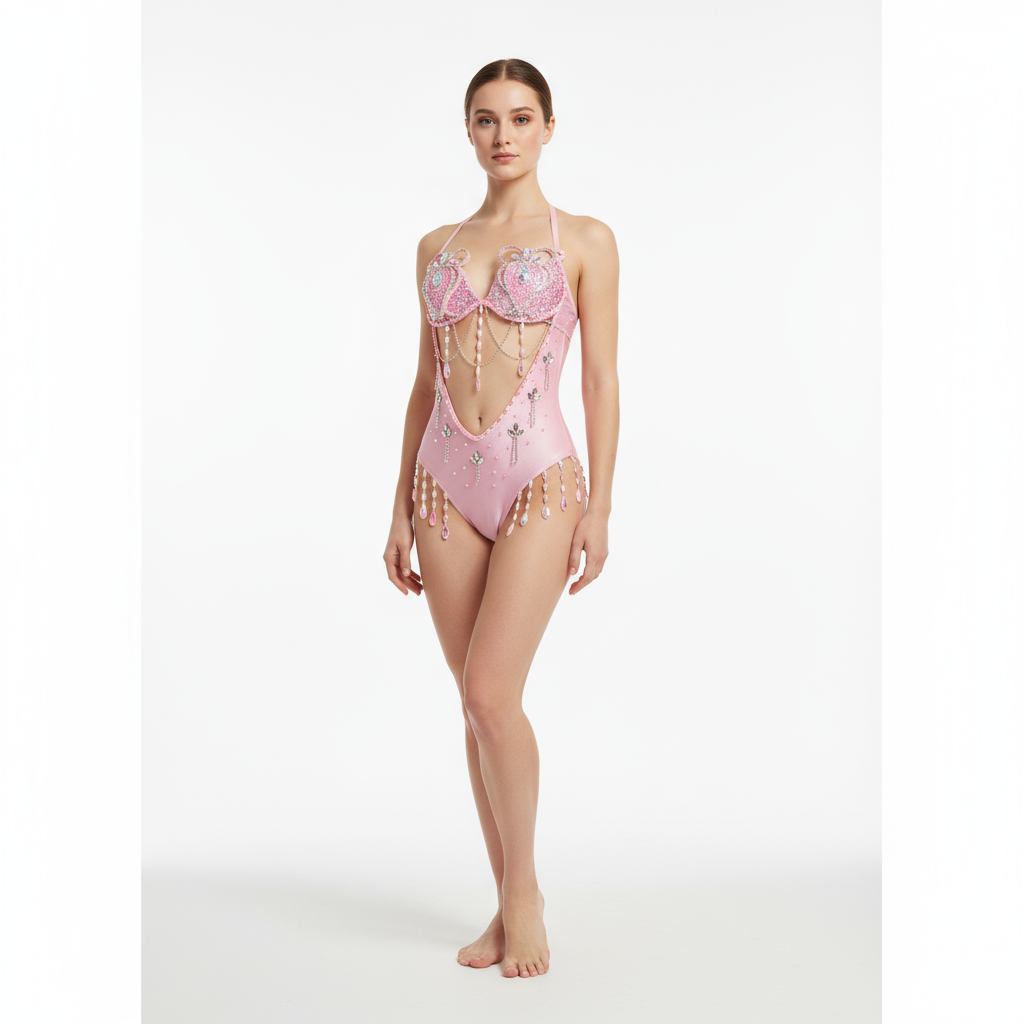 New Style Handmade Monokini Bodysuit Wire Bra With Thong Pink Color For Samba Carnival