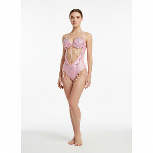 New Style Handmade Monokini Bodysuit Wire Bra With Thong Pink Color For Samba Carnival