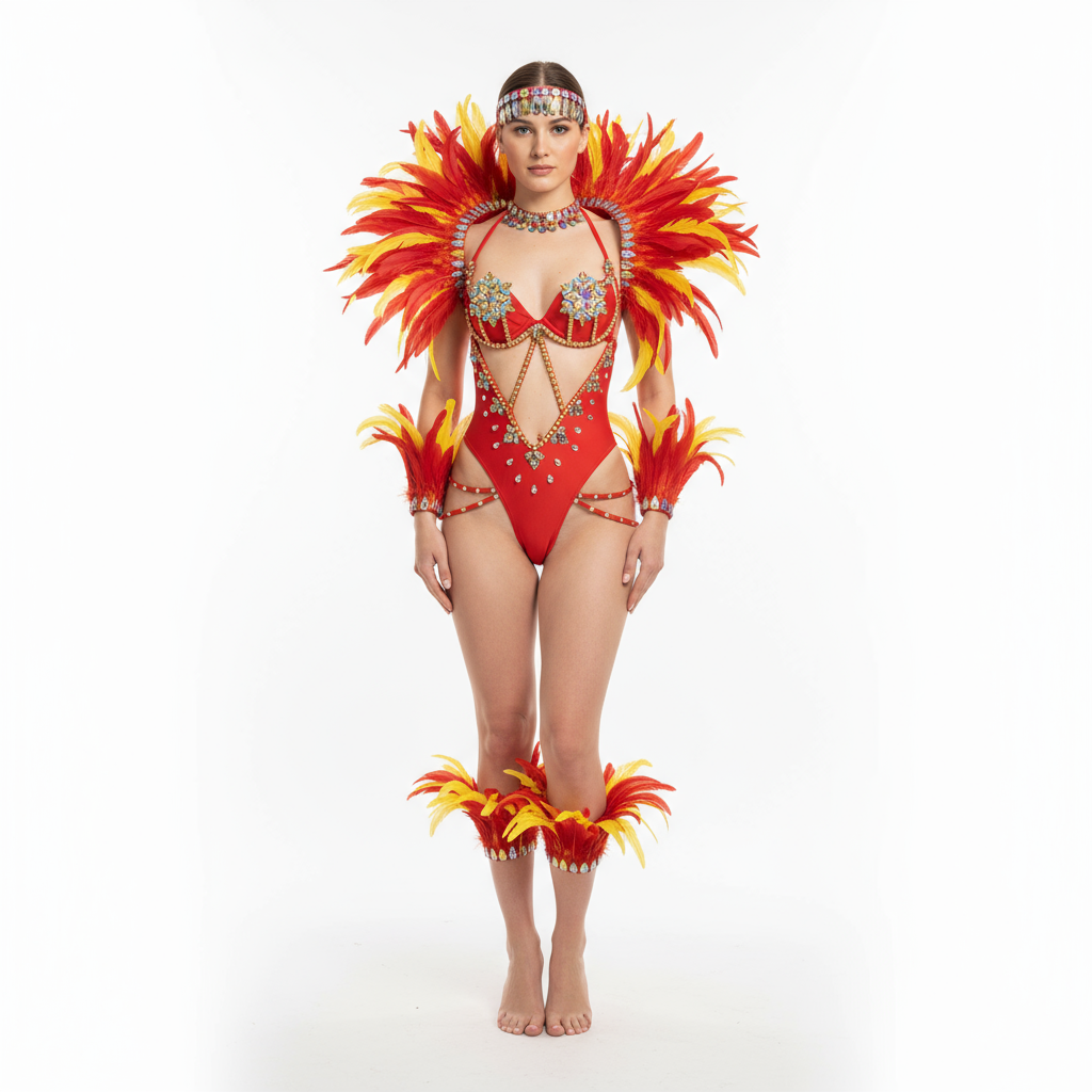New Style Handmade Monokini Bodysuit Wire Bra With Thong Red Color With Feather Ser For Samba Carnival
