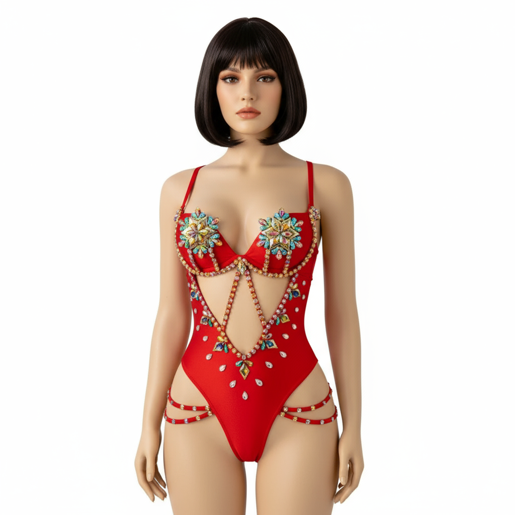 New Style Handmade Monokini Bodysuit Wire Bra With Thong Red Color For Samba Carnival