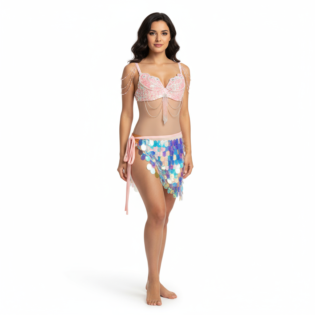 New Shiny Pink Belly Dance Costumes Bra Hip Scarf Sequins Carnival Rave Costume For Women Belly Dancing Stage Costumes Dance Clothes N21016