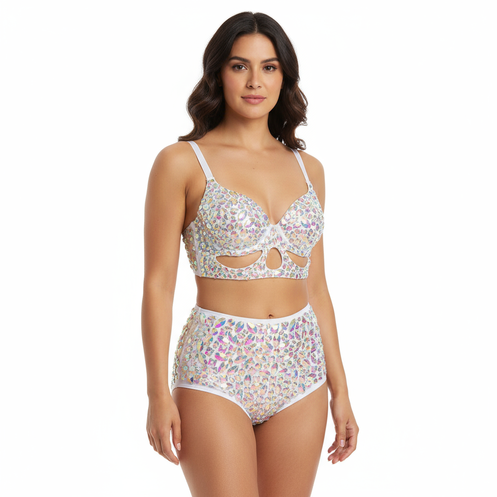 New Samba Carnival Bikini Set Bra High Waist Panty Crystal Silver Stone Hand Made 2 Piece Dance Clothes Belly Dance Costume Wear N21010