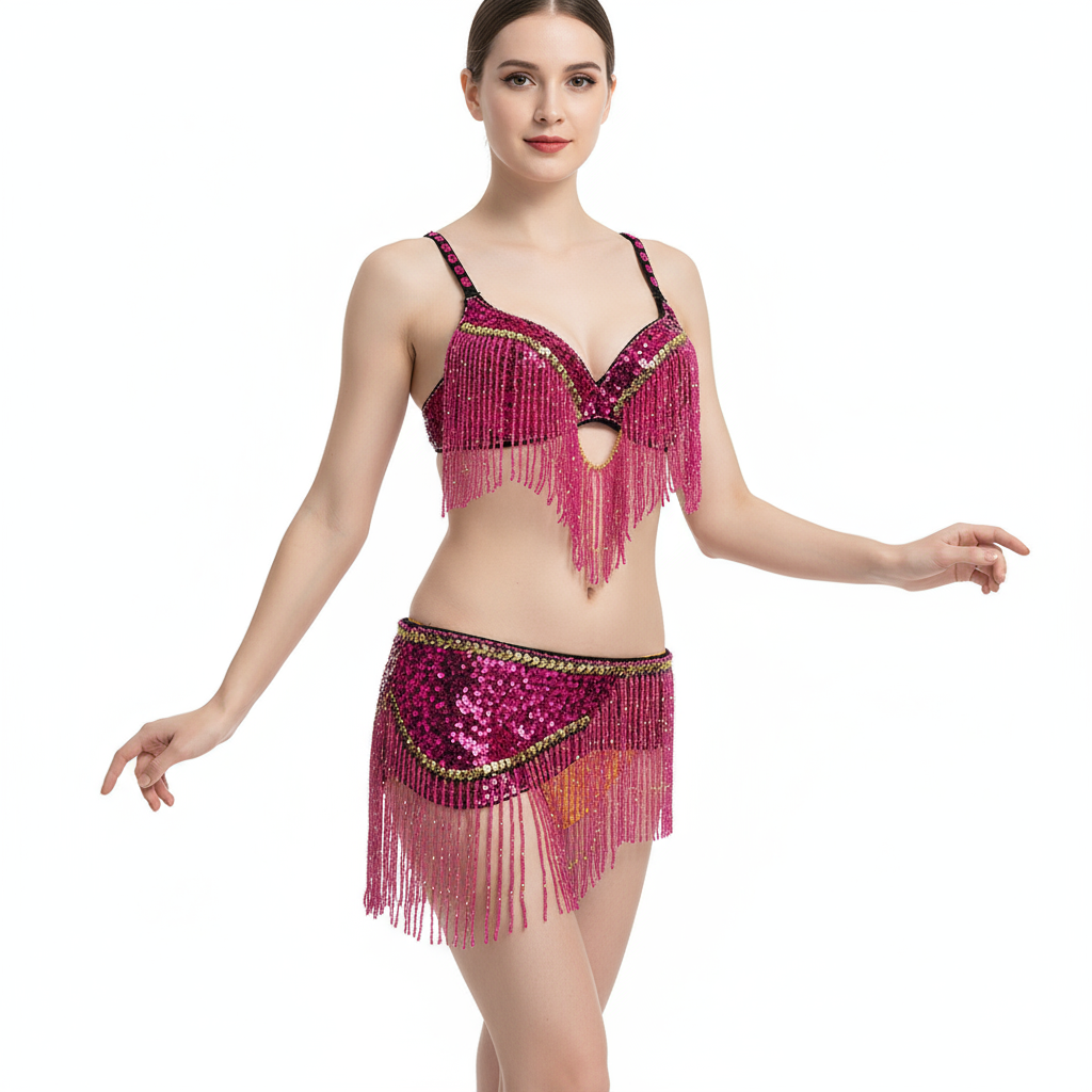 New Stage & Dance Wear Performance Women Sequin Beaded Bra Belt Bellydance Suit 3pc Professional Outfit Belly Dance Costume Set  TF2561