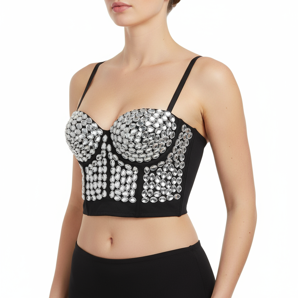 New Sexy Women's Punk Style Beaded Party Club Bra Black Push Up Diamond Rave Studded Bra Nightclub Costumes Bras Clubwear bra3007