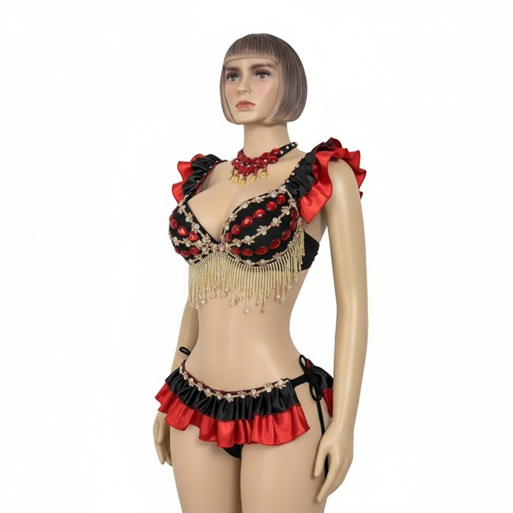 New Style Handmade Bra And Panty Alice Samba Carnival Stones And Diamond For EDC Costumes Black/ Red Color