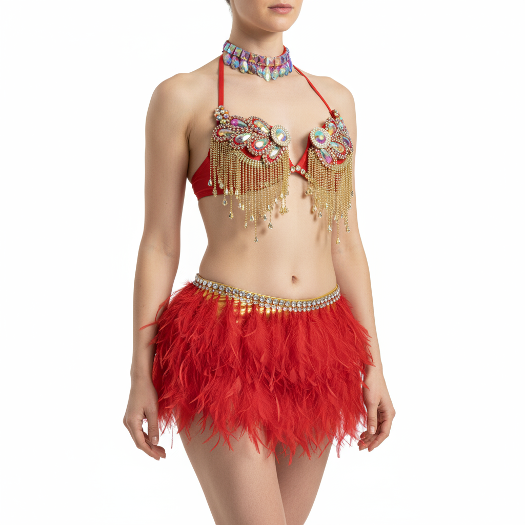 New Style Handmade Samba Carnival Wire Bra,Pants And Ostrich Feather Mini Skirt With Stones For EDC Festival Rave Carnival Red Color