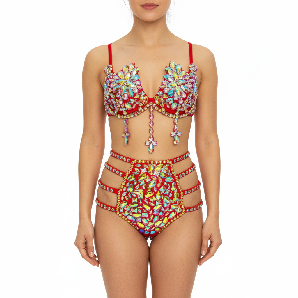 Samba Carnival Wire Bra And Panty Rainbow Stone Red color Handmade 2 piece BP038