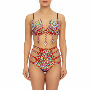 Samba Carnival Wire Bra And Panty Rainbow Stone Red color Handmade 2 piece BP038