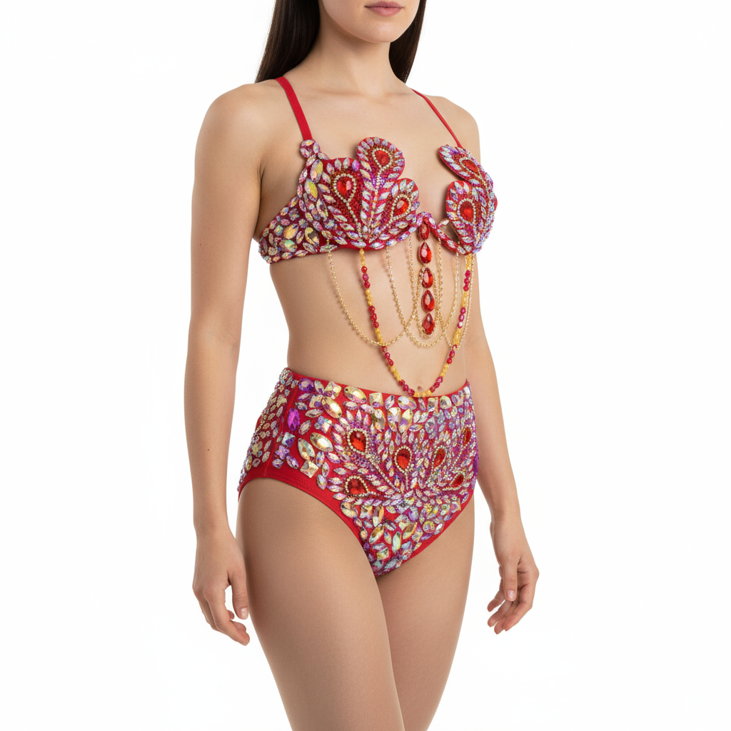 Samba Carnival Wire Bra & High Waist Bottom 2pcs/Set Stones CB010-2 RED AND ROYAL BLUE COLOR