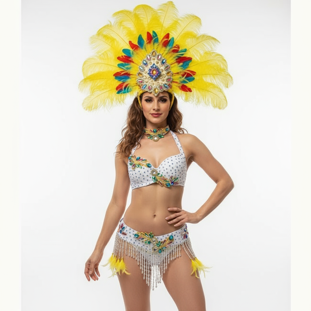 Sexy Women Samba Rio Carnival Costume Handmde Belly Dance Costume Wire Bra&Belt Set with Feather Head piece Rainbow stones C031