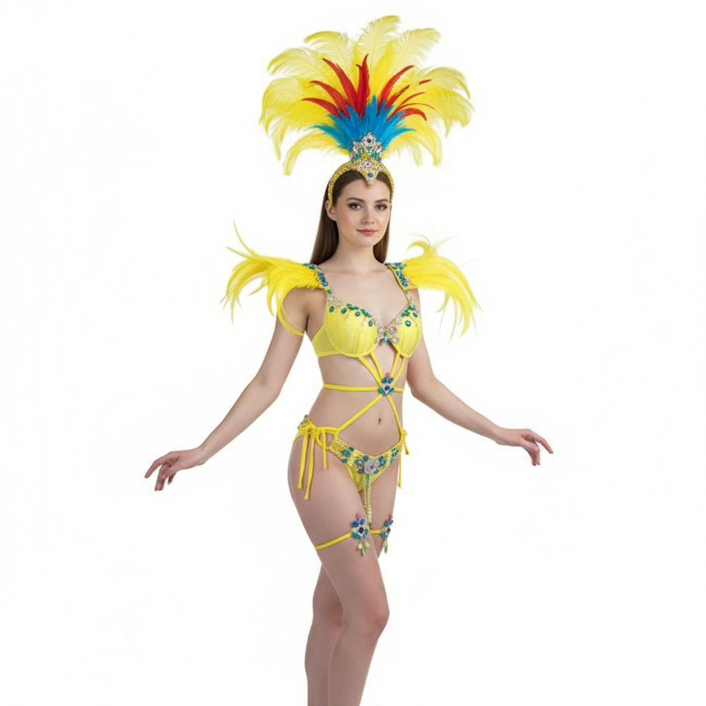 Sexy Samba Rio Carnival Costume  hot selling new belly dance costume with yellow Feather Head piece