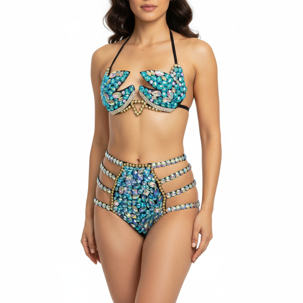 Samba Carnival Wire Bra And Panty Rainbow Stone Free Shipping Black and royal blue color BP036