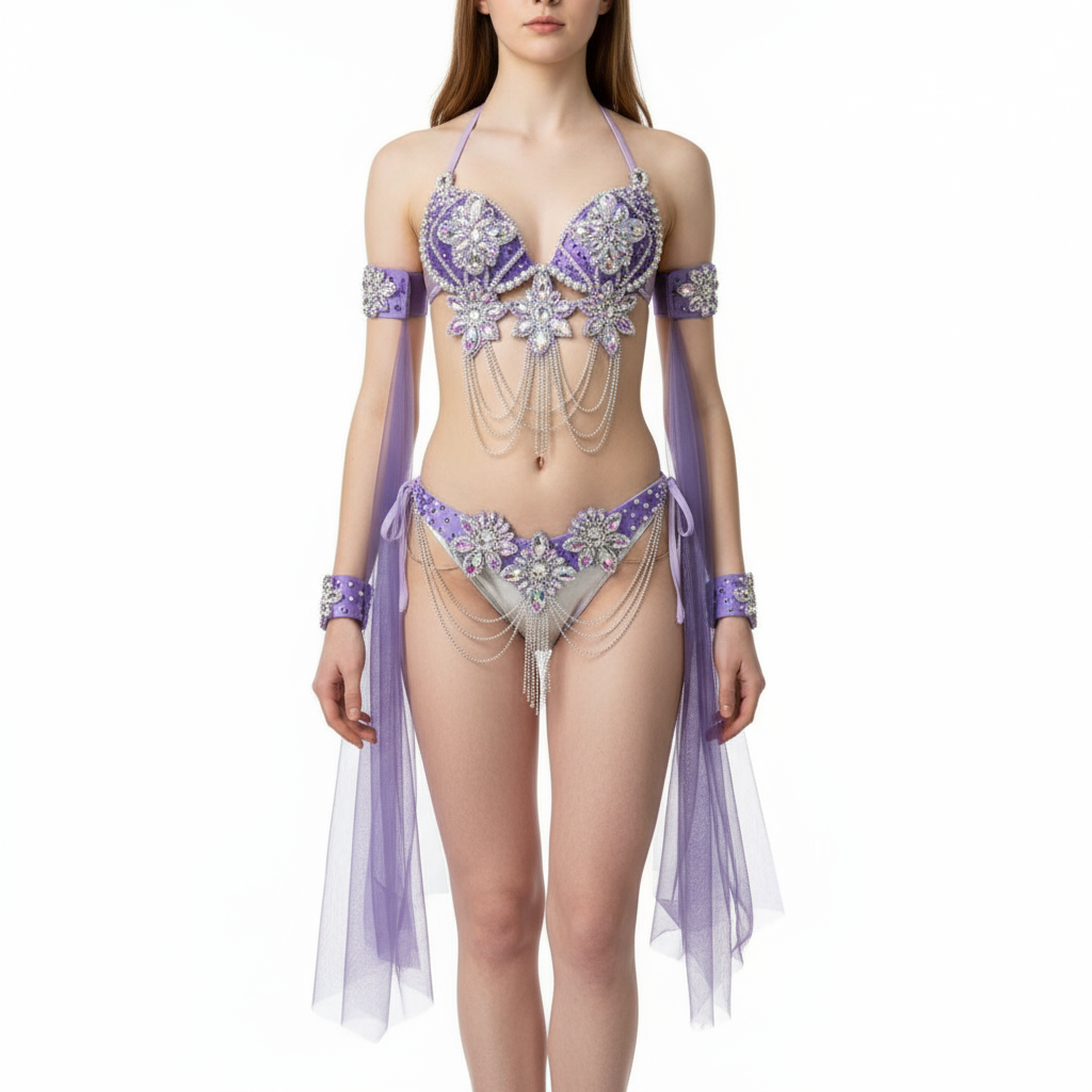 Samba Carnival Wire Bra & Panty & Belt Set Hand Made Belly Dancing Costume Outfit with arm sleeves